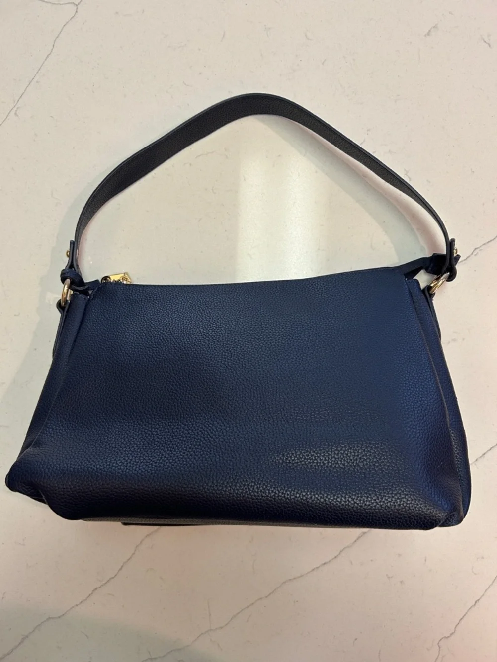 Bostanten Pebbled Navy Shoulder Bag with Gold Charm
